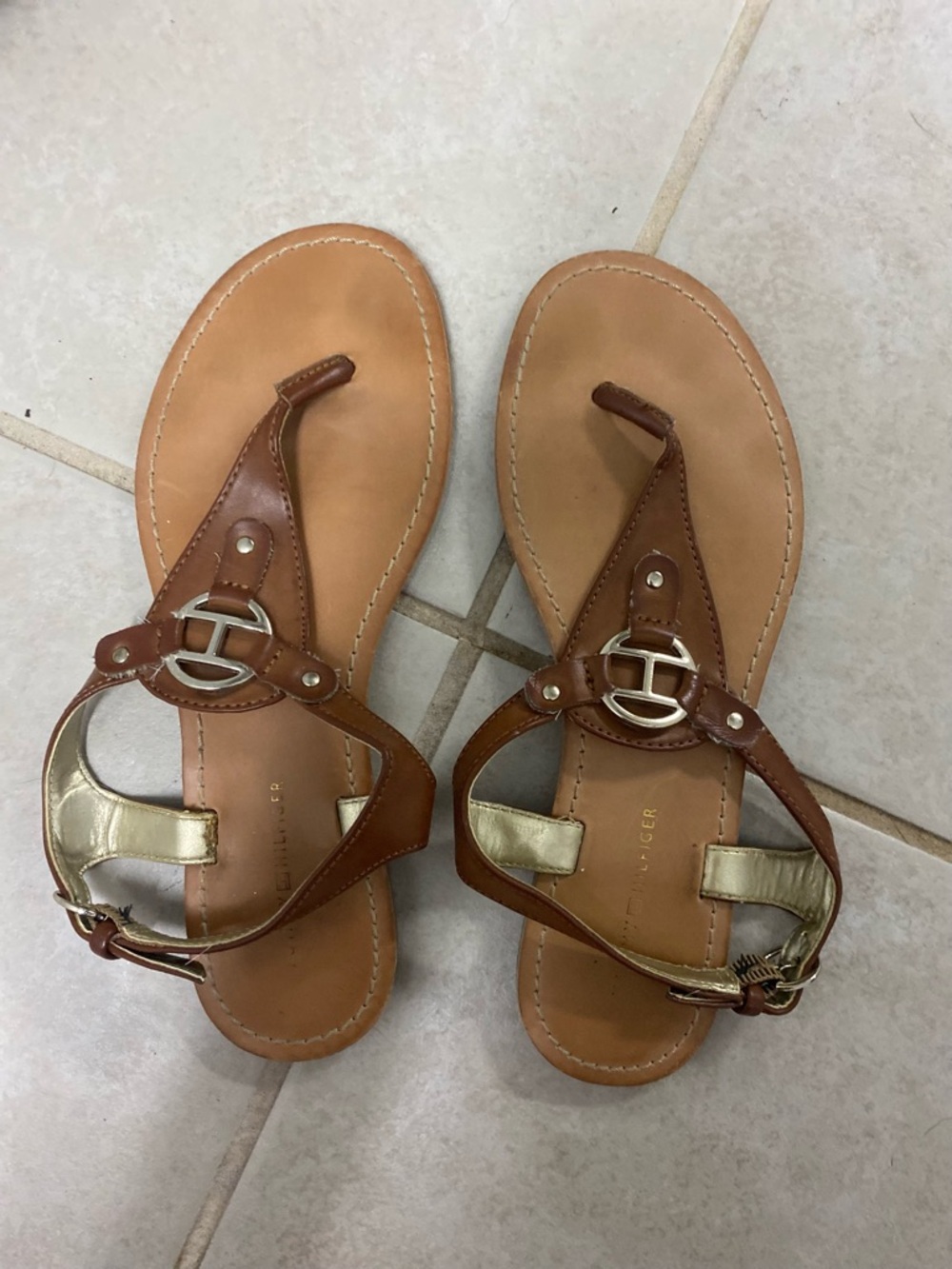Tommy Hilfiger Brown Leather T-Strap Sandals with Gold Accents